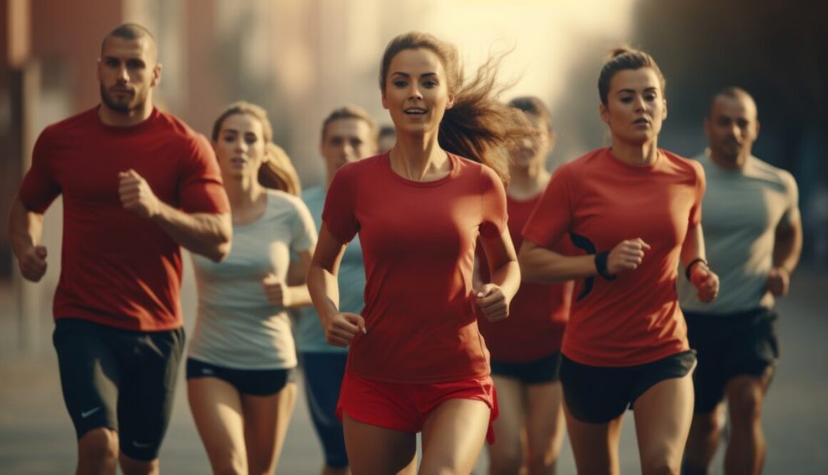 Group of young people in sportswear are running in the road.